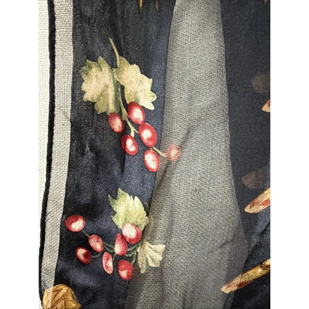 Echo Silk Botanical Scarf With Nuts, Seeds, Berries On Black Signed 58